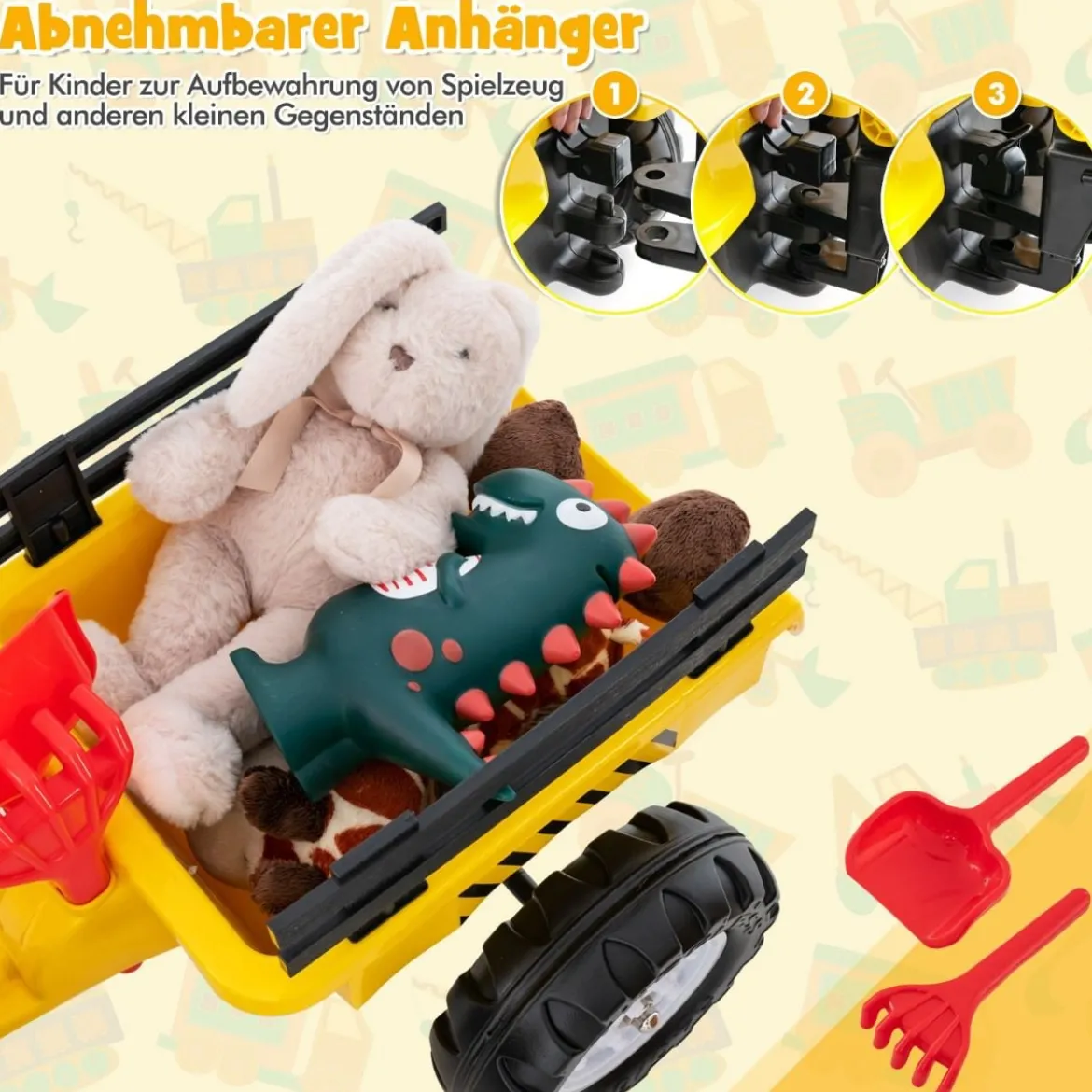 3-in-1-Aufsitzbagger für Kinder Bulldozer mit 6 Rädern 178 x 42 x 60 cm Gelb