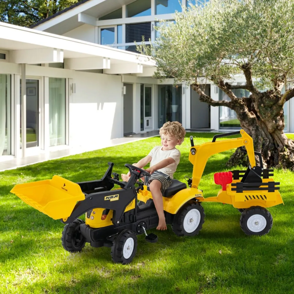 3-in-1-Aufsitzbagger für Kinder Bulldozer mit 6 Rädern 178 x 42 x 60 cm Gelb