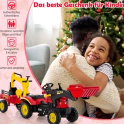 3-in-1-Aufsitzbagger für Kinder Bulldozer mit 6 Rädern abnehmbarem Anhänger & Grabschaufel Spielzeugbagger Rot