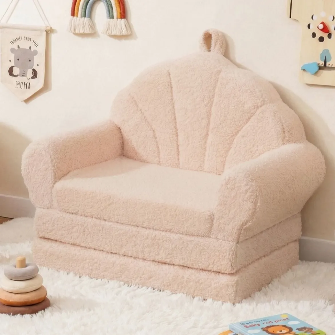 2 in 1 ausklappbares Kindersofa Kindersessel mit Schlaffunktion Kindercouch für Jungen Beige