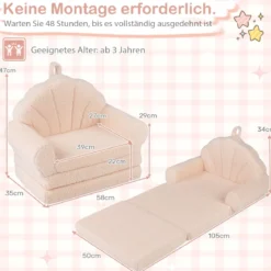 2 in 1 ausklappbares Kindersofa Kindersessel mit Schlaffunktion Kindercouch für Jungen Beige