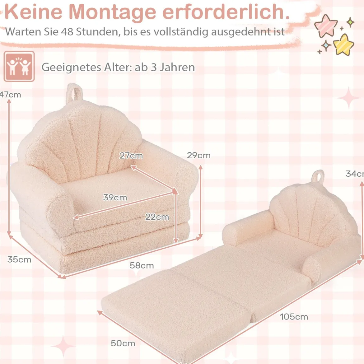 2 in 1 ausklappbares Kindersofa Kindersessel mit Schlaffunktion Kindercouch für Jungen Beige