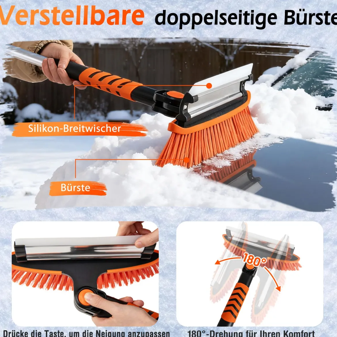 4 in 1 Auto Eiskratzer mit Schneebürste & 180° Drehbarer Kopf & 3 Stufig Verstellbarer Stange Schneebesen