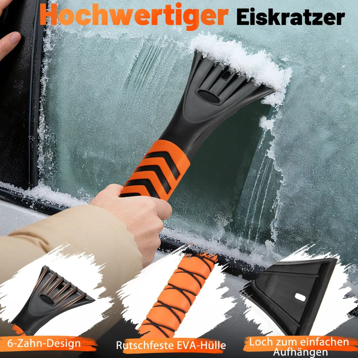 4 in 1 Auto Eiskratzer mit Schneebürste & 180° Drehbarer Kopf & 3 Stufig Verstellbarer Stange Schneebesen