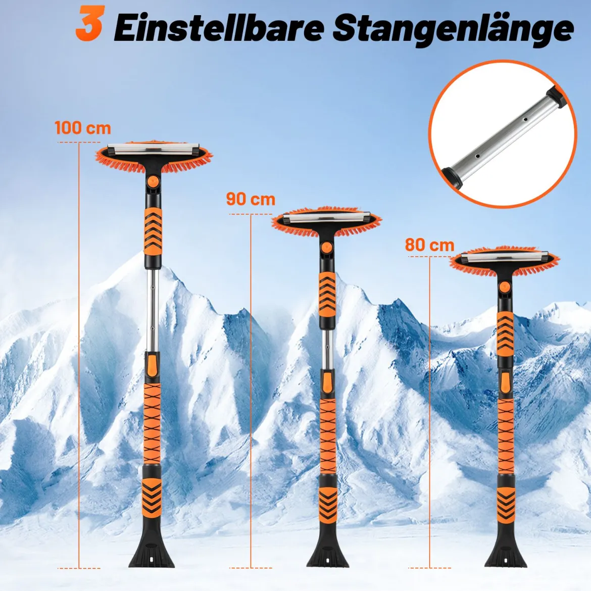 4 in 1 Auto Eiskratzer mit Schneebürste & 180° Drehbarer Kopf & 3 Stufig Verstellbarer Stange Schneebesen