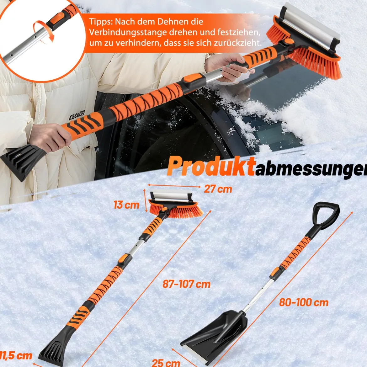 4 in 1 Auto Eiskratzer mit Schneebürste & 180° Drehbarer Kopf & 3 Stufig Verstellbarer Stange Schneebesen