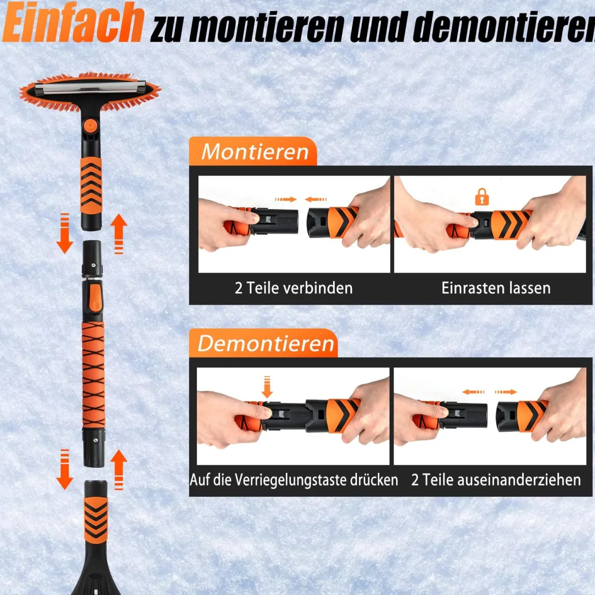 4 in 1 Auto Eiskratzer mit Schneebürste & 180° Drehbarer Kopf & 3 Stufig Verstellbarer Stange Schneebesen