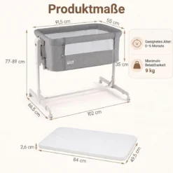 3 in 1 Baby Beistellbett Babybett mit 6-stufiger Höhenverstellung & 4 Räder bis zu 9 kg Belastbar Grau