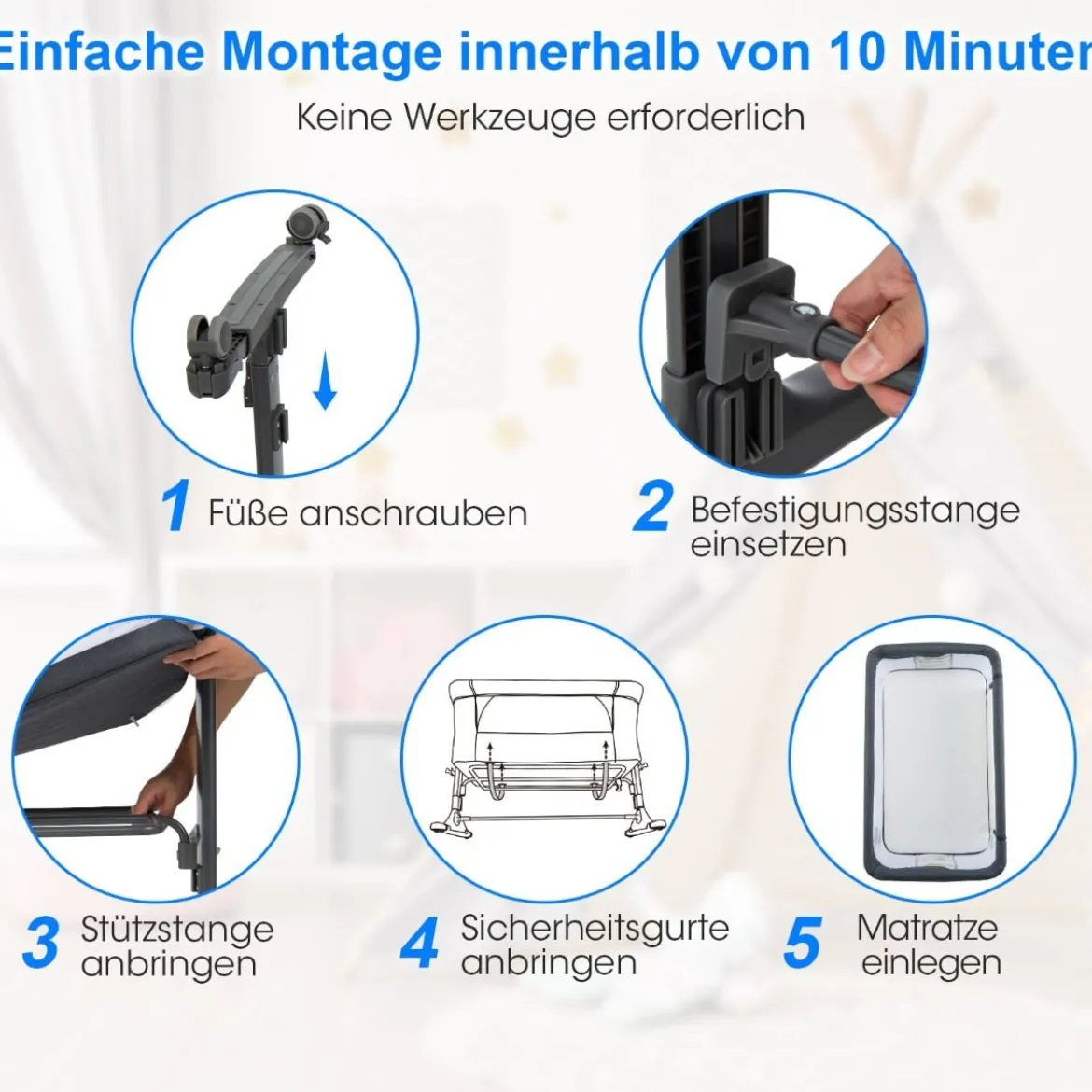 3 in 1 Babybett & Babywiege & Kinderbett mit Matratze Beistellbett mit Tragetasche Stubenwagen