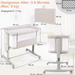 3 in 1 Babybett & Babywiege & Kinderbett mit Matratze Beistellbett mit Tragetasche Stubenwagen