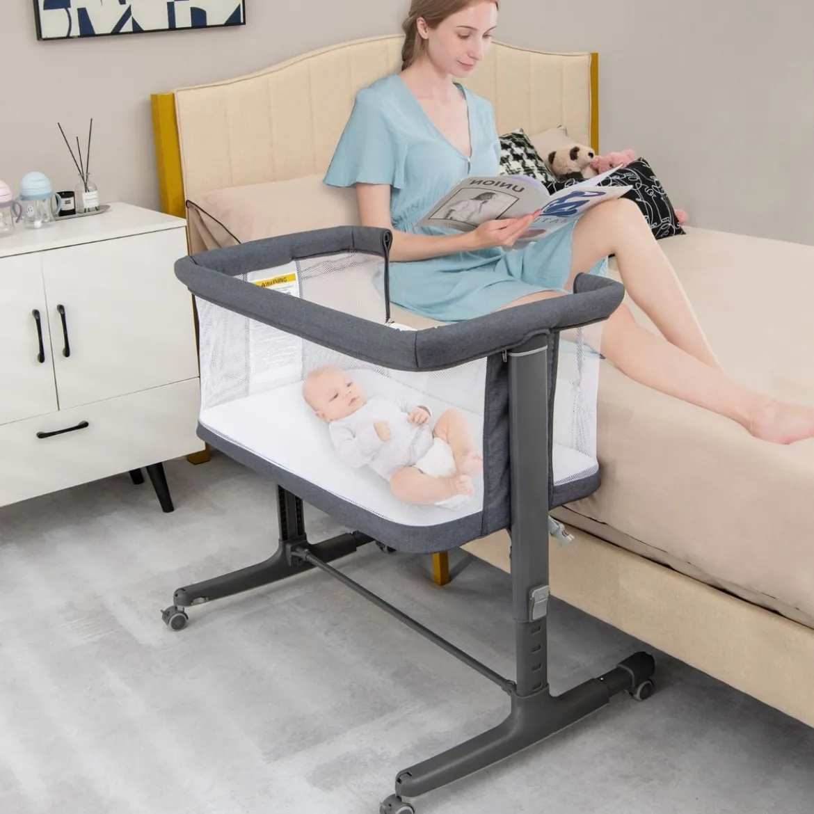 3 in 1 Babybett & Babywiege & Kinderbett mit Matratze Beistellbett mit Tragetasche Stubenwagen
