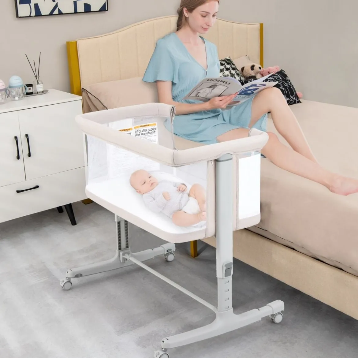 3 in 1 Babybett & Babywiege & Kinderbett mit Matratze Beistellbett mit Tragetasche Stubenwagen