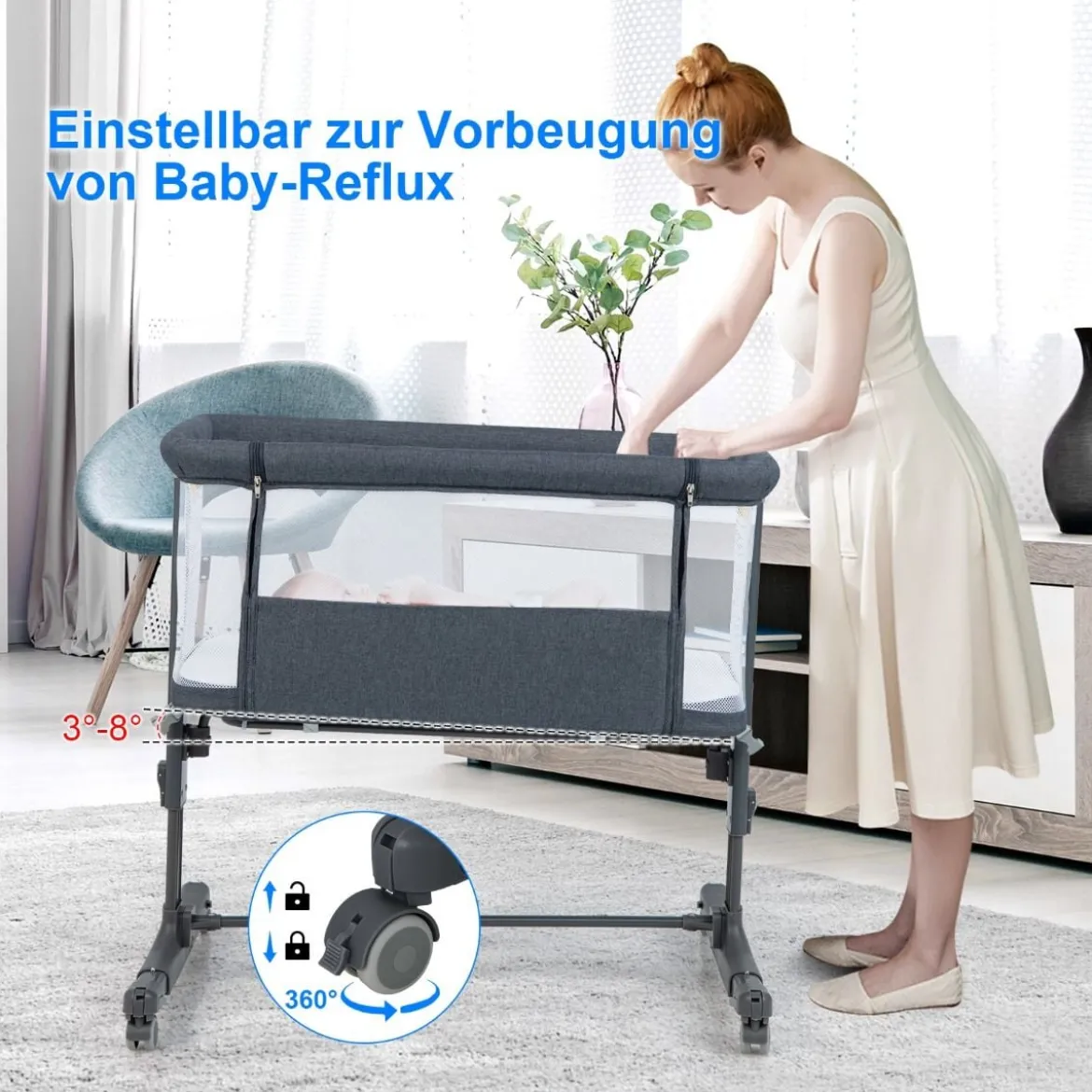 3 in 1 Babybett & Babywiege & Kinderbett mit Matratze Beistellbett mit Tragetasche Stubenwagen