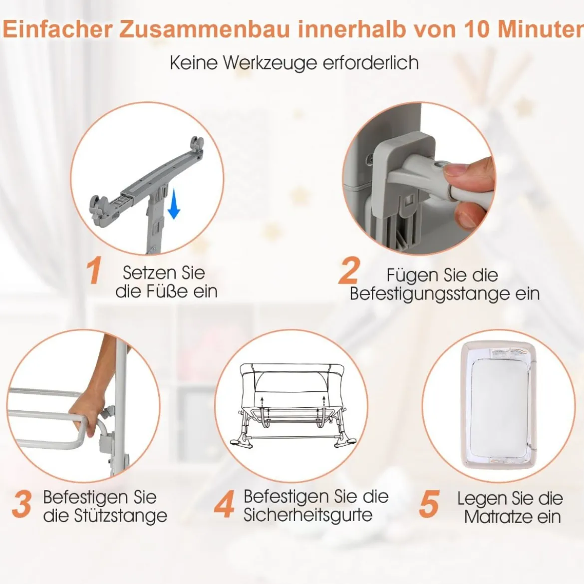 3 in 1 Babybett & Babywiege & Kinderbett mit Matratze Beistellbett mit Tragetasche Stubenwagen