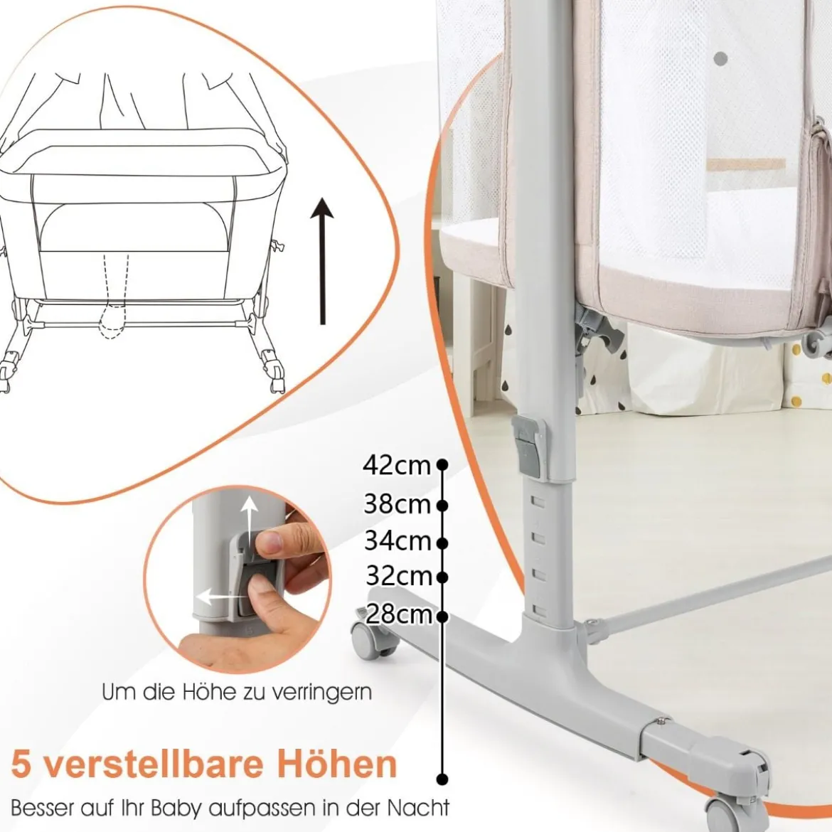 3 in 1 Babybett & Babywiege & Kinderbett mit Matratze Beistellbett mit Tragetasche Stubenwagen