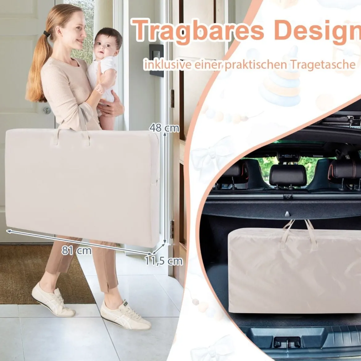 3 in 1 Babybett & Babywiege & Kinderbett mit Matratze Beistellbett mit Tragetasche Stubenwagen