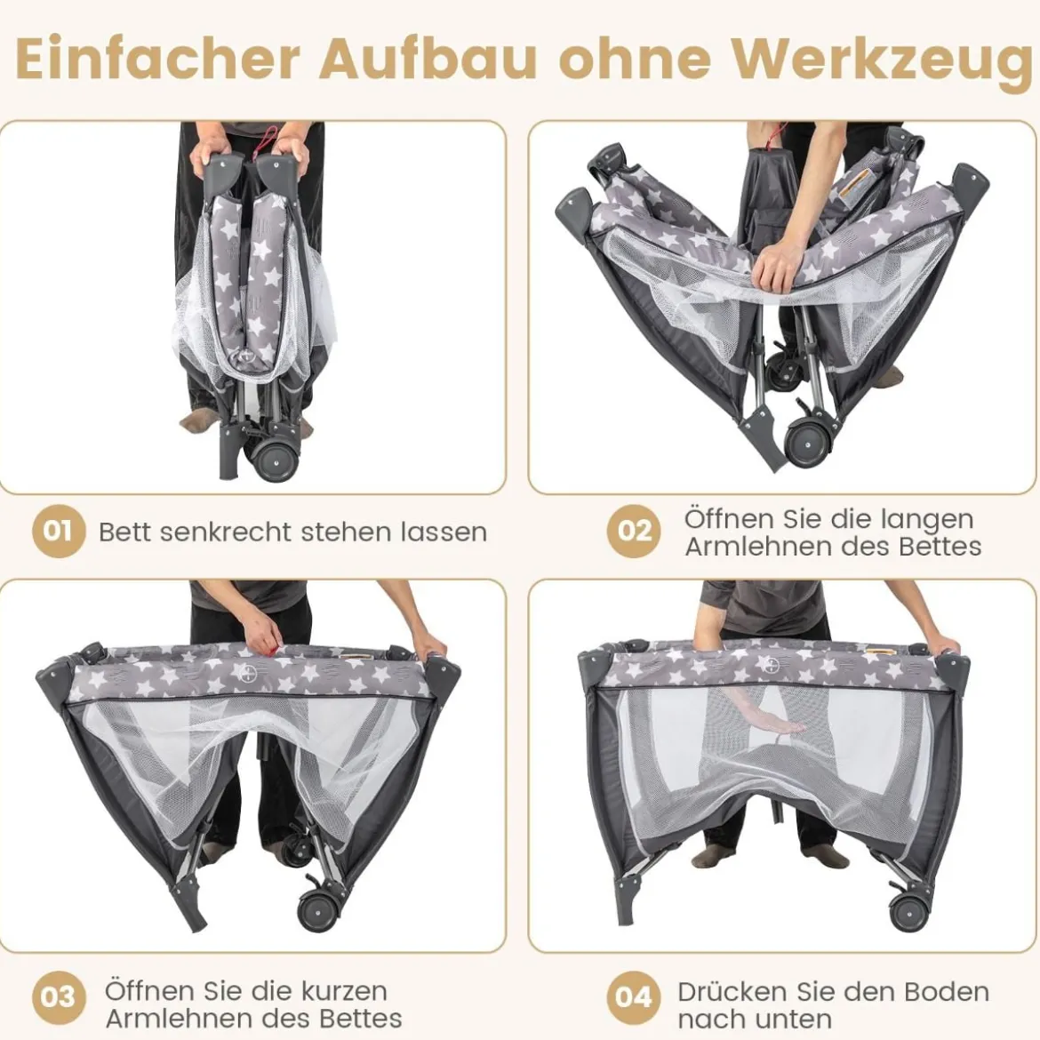 3 in 1 Babybett 2 Ebenen Reisebett mit Faltbarer Matratze & Wickelauflage & Rollen Dunkelgrau