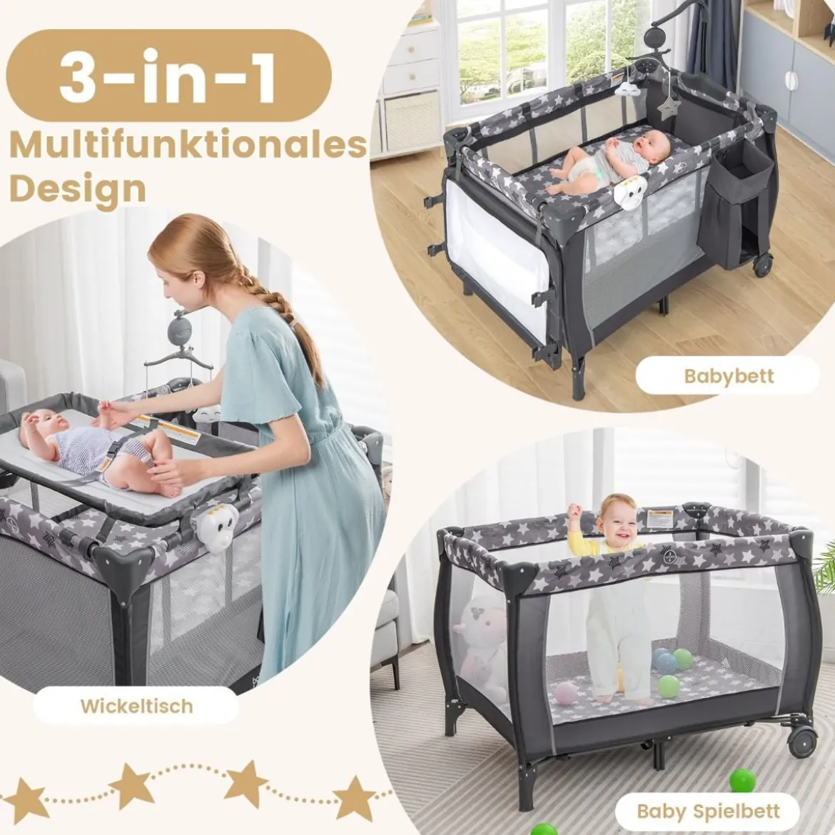 3 in 1 Babybett 2 Ebenen Reisebett mit Faltbarer Matratze & Wickelauflage & Rollen Dunkelgrau