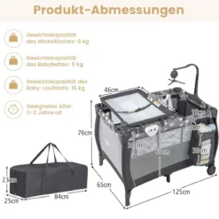 3 in 1 Babybett 2 Ebenen Reisebett mit Faltbarer Matratze & Wickelauflage & Rollen Dunkelgrau