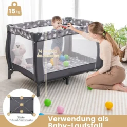 3 in 1 Babybett 2 Ebenen Reisebett mit Faltbarer Matratze & Wickelauflage & Rollen Dunkelgrau