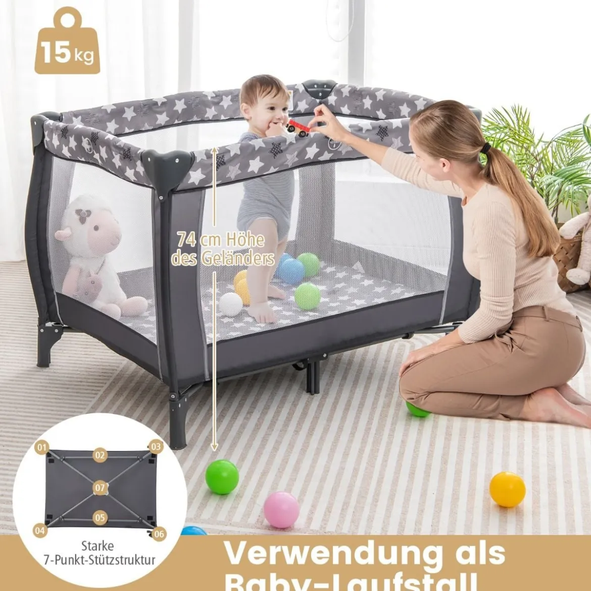 3 in 1 Babybett 2 Ebenen Reisebett mit Faltbarer Matratze & Wickelauflage & Rollen Dunkelgrau