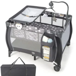 3 in 1 Babybett 2 Ebenen Reisebett mit Faltbarer Matratze & Wickelauflage & Rollen Dunkelgrau