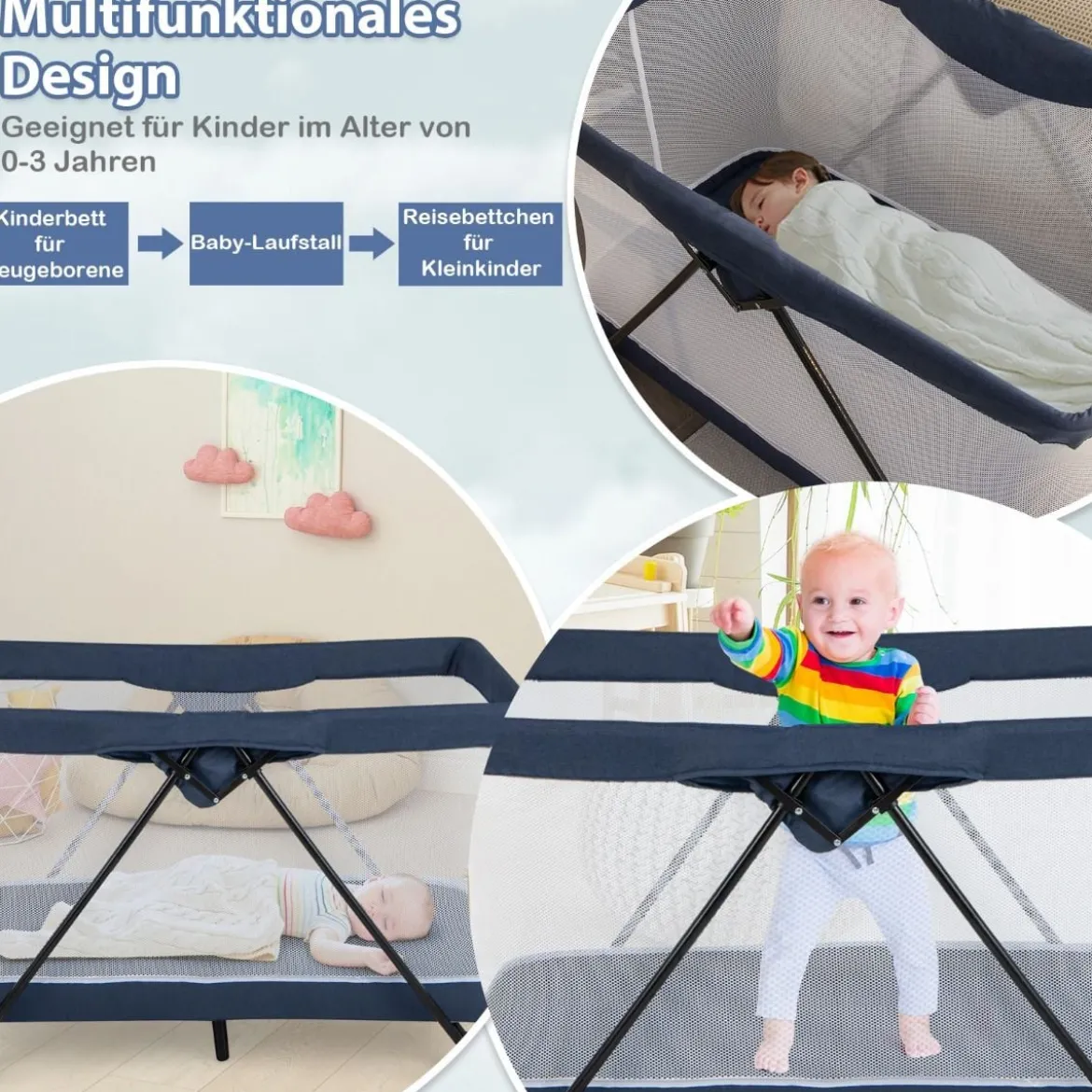 2 in 1 Babybett & Laufstall Klappbar Reisebett mit Matratze Marineblau