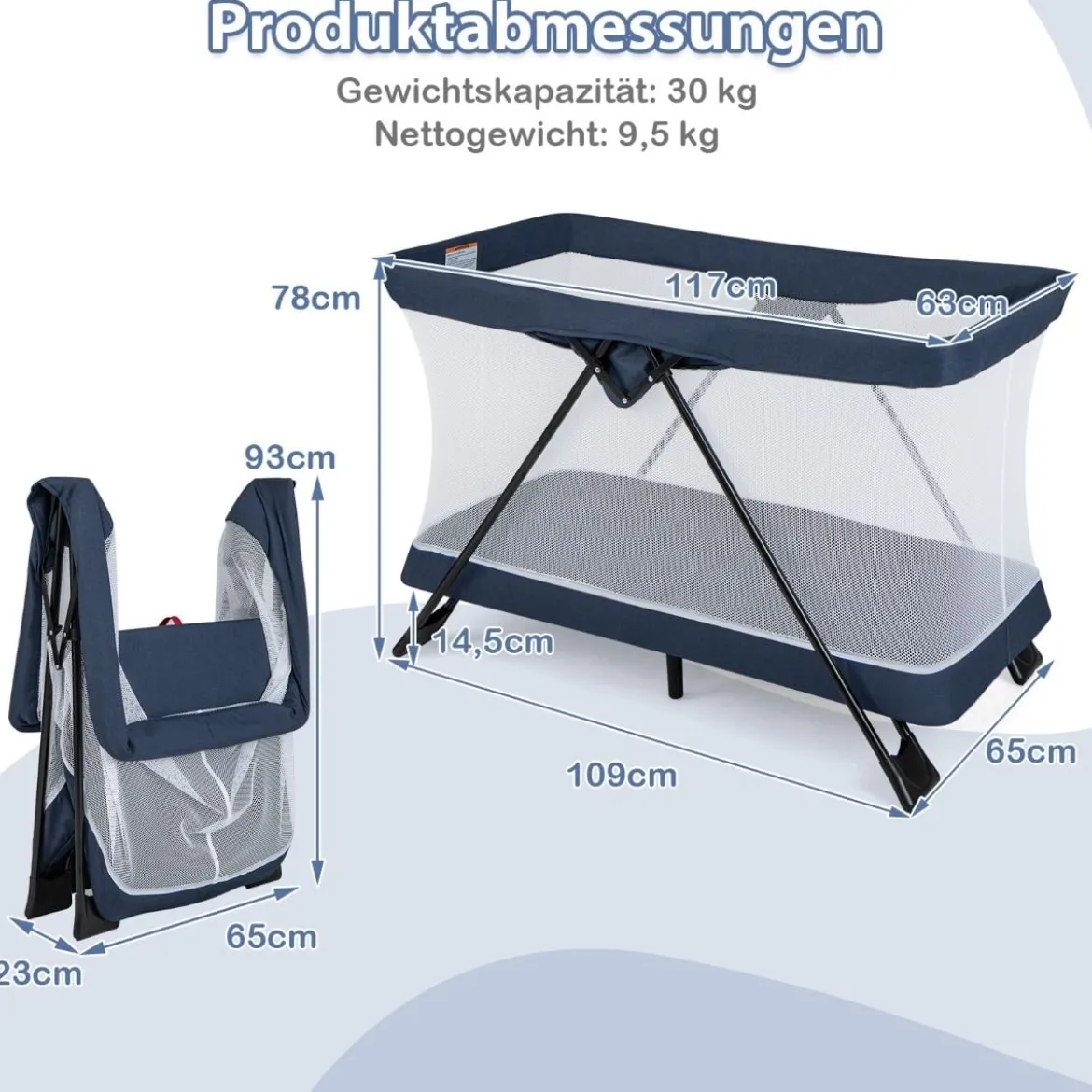 2 in 1 Babybett & Laufstall Klappbar Reisebett mit Matratze Marineblau