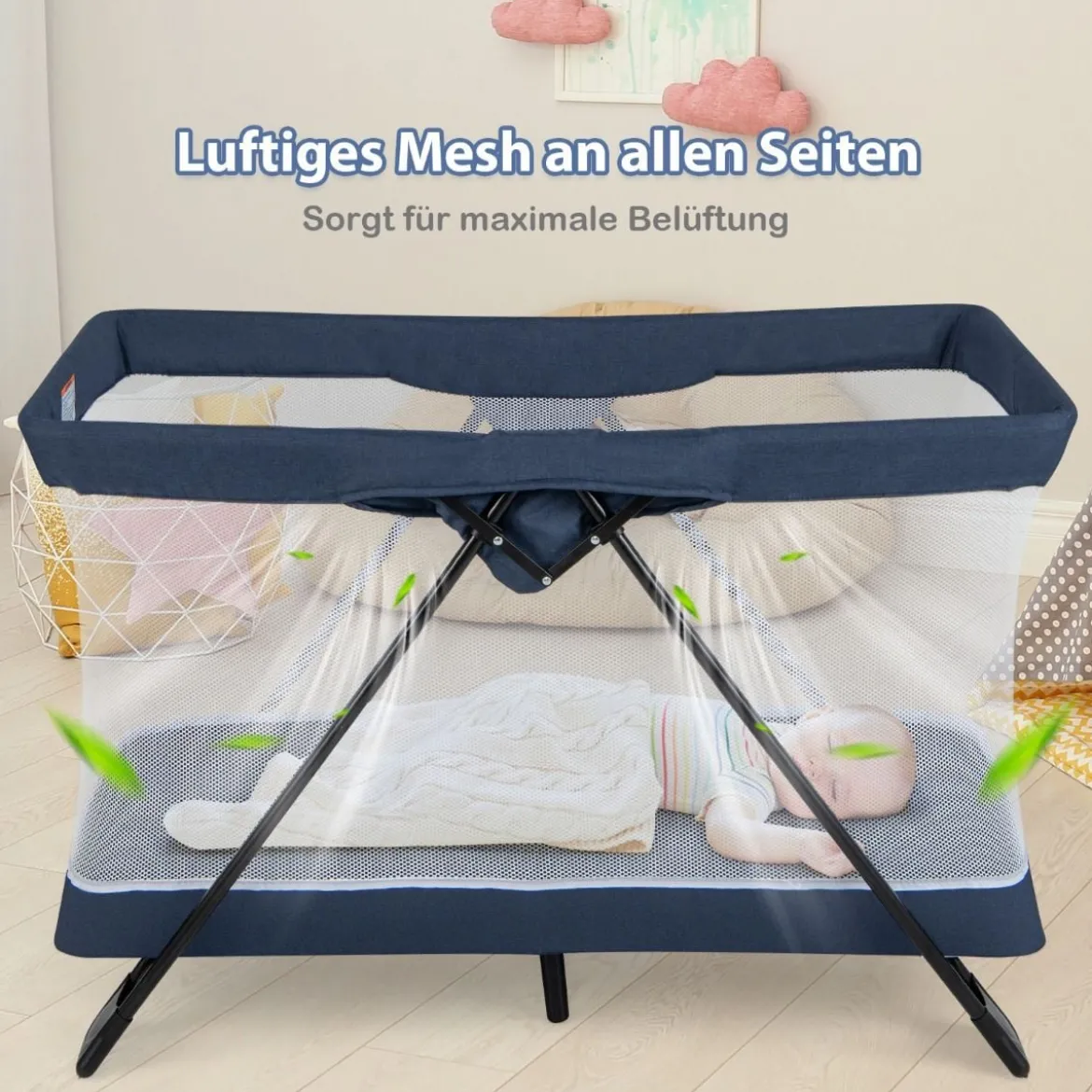 2 in 1 Babybett & Laufstall Klappbar Reisebett mit Matratze Marineblau