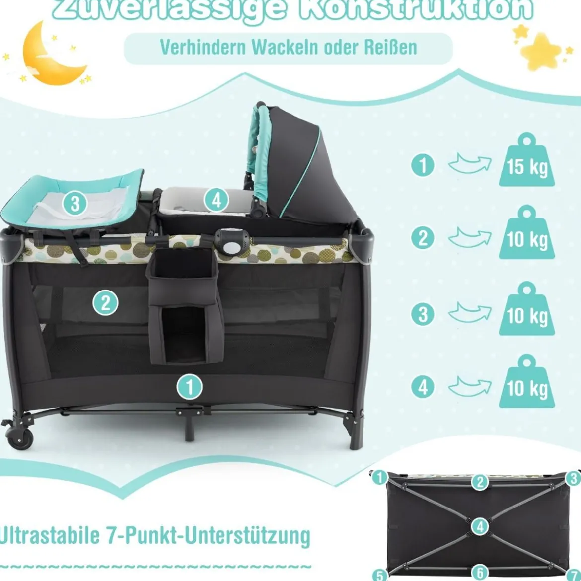 4-in-1-Babybett Tragbares Beistellbett mit Wiege & Wickeltisch