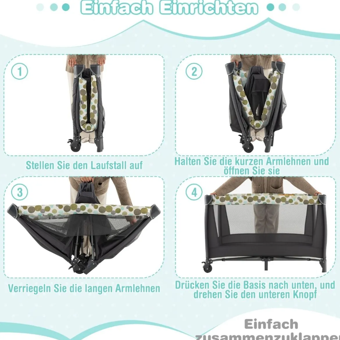 4-in-1-Babybett Tragbares Beistellbett mit Wiege & Wickeltisch