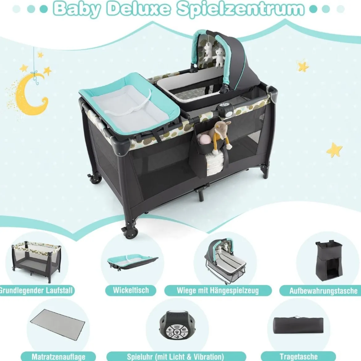 4-in-1-Babybett Tragbares Beistellbett mit Wiege & Wickeltisch