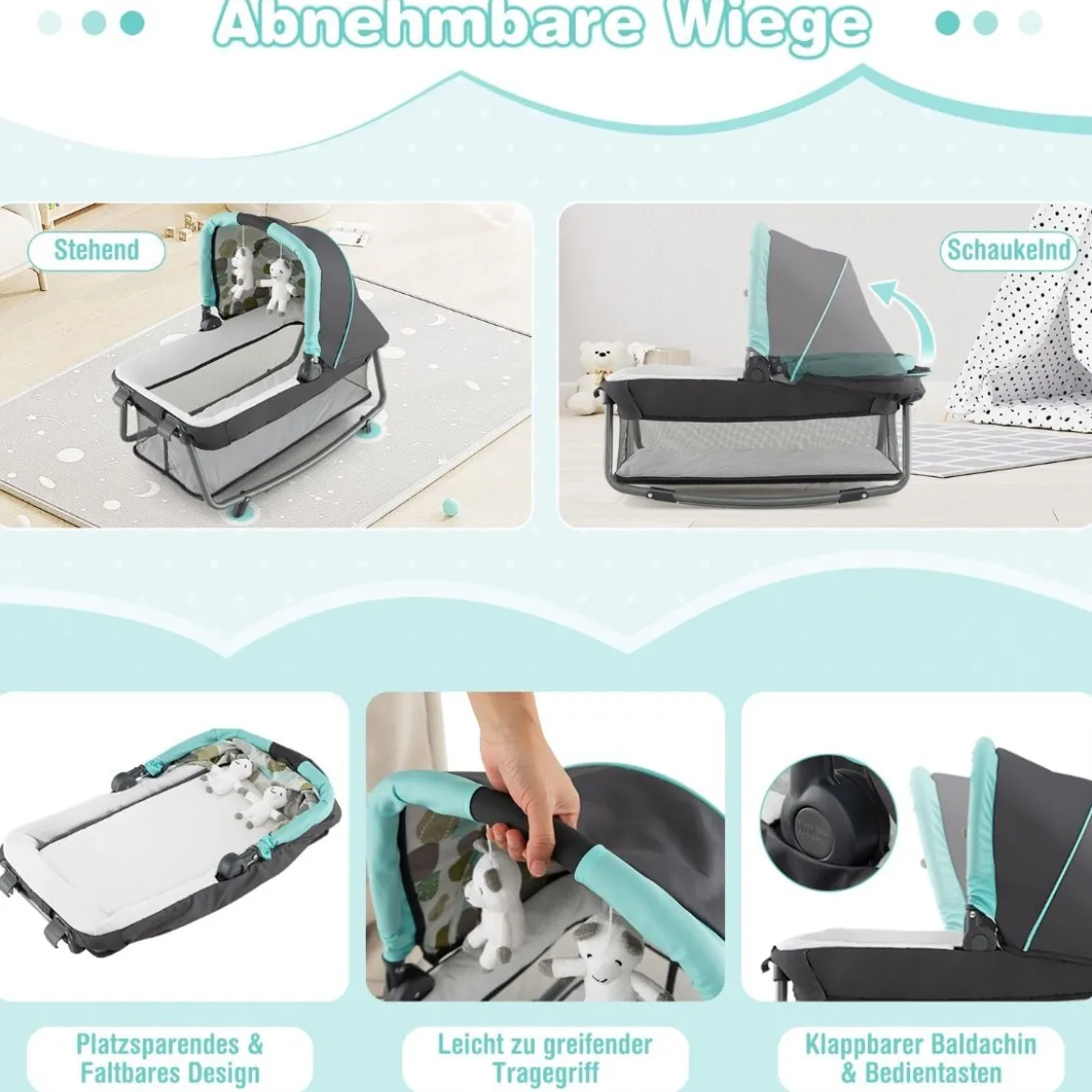 4-in-1-Babybett Tragbares Beistellbett mit Wiege & Wickeltisch