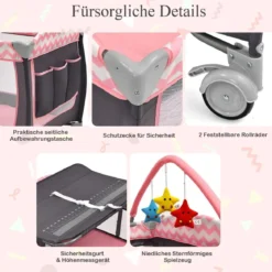 3-in-1-Babybett Tragbares Reisebett mit Spielzeugstange 125 x 65 x 76 cm Rosa