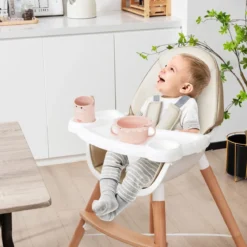 2 in 1 Babyhochstuhl aus Buchenholz mit 5-Punkt-Sicherheitsgurt & Doppeltablett Beige