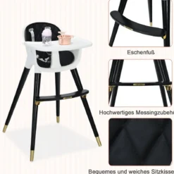 3 in 1 Baby-Hochstuhl hölzerner Babystuhl mit Sitzkissen 58,5 x 53,5 x 84 cm Schwarz + Weiß
