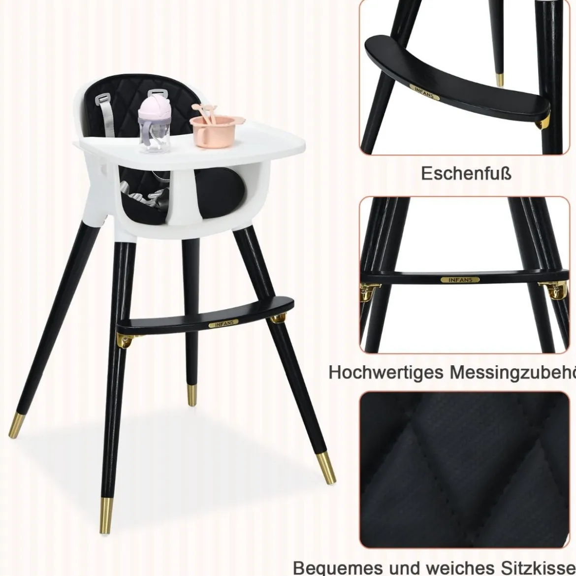 3 in 1 Baby-Hochstuhl hölzerner Babystuhl mit Sitzkissen 58,5 x 53,5 x 84 cm Schwarz + Weiß