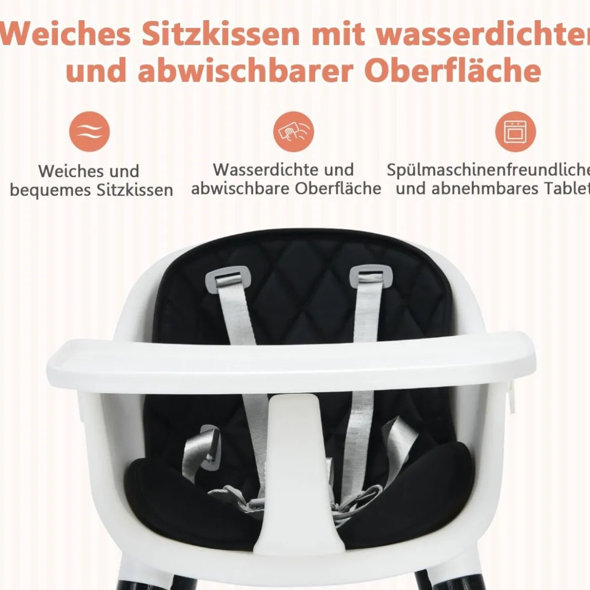 3 in 1 Baby-Hochstuhl hölzerner Babystuhl mit Sitzkissen 58,5 x 53,5 x 84 cm Schwarz + Weiß