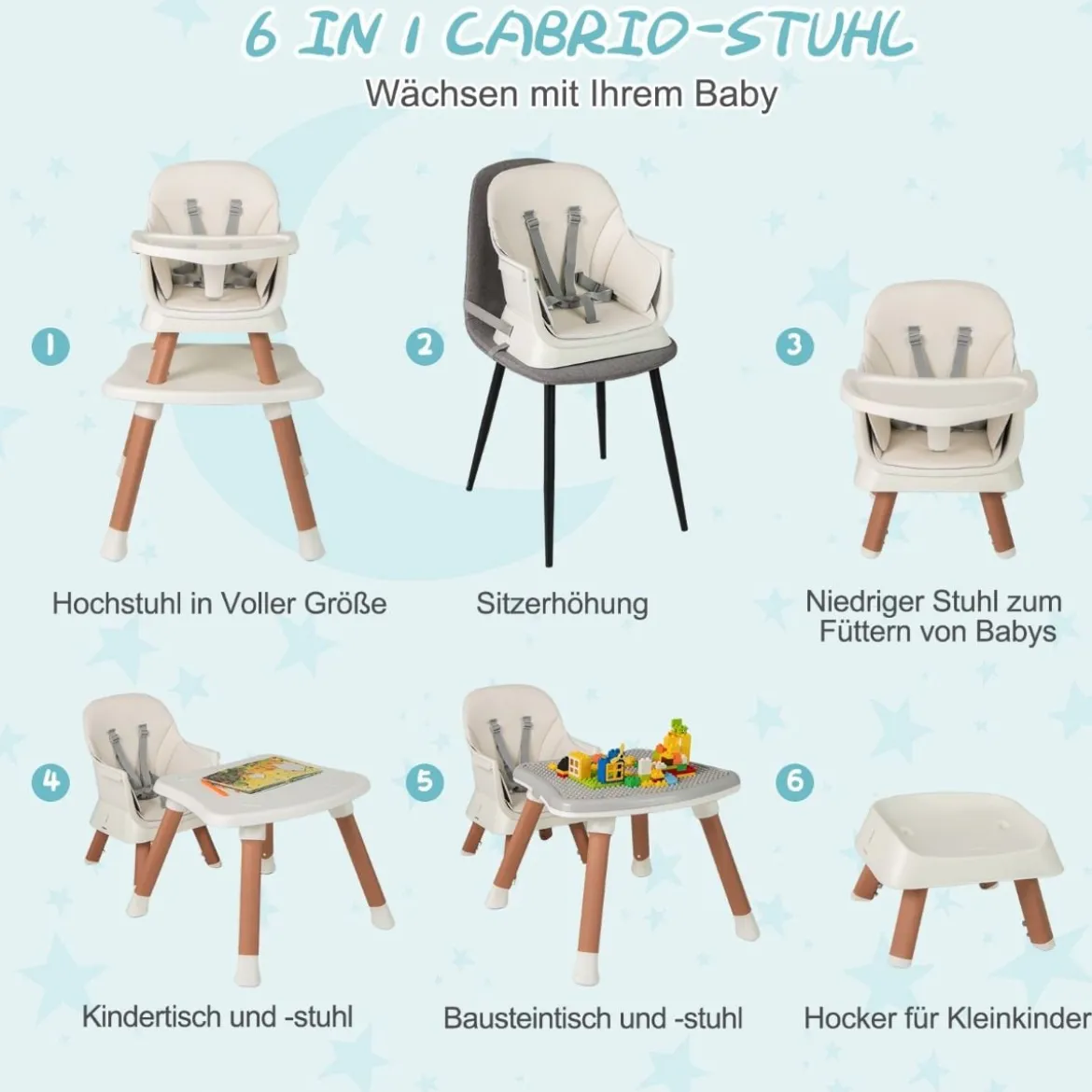 6-in-1 Babyhochstuhl Hochstuhl & Essstuhl & Lerntisch Babystuhl Kombihochstuhl