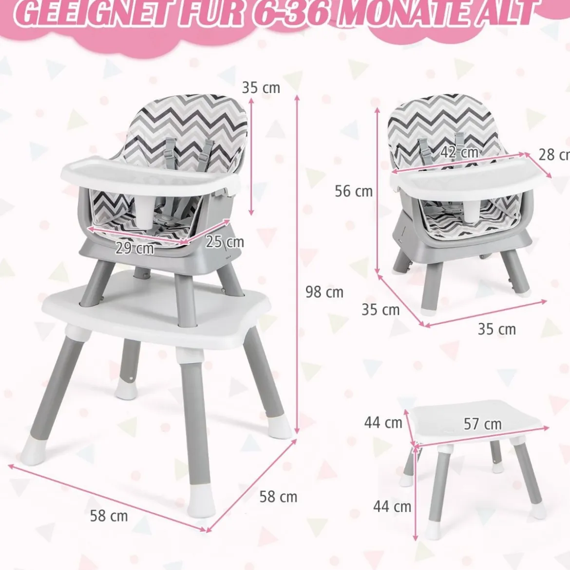 6-in-1 Babyhochstuhl Hochstuhl & Essstuhl & Lerntisch Babystuhl Kombihochstuhl