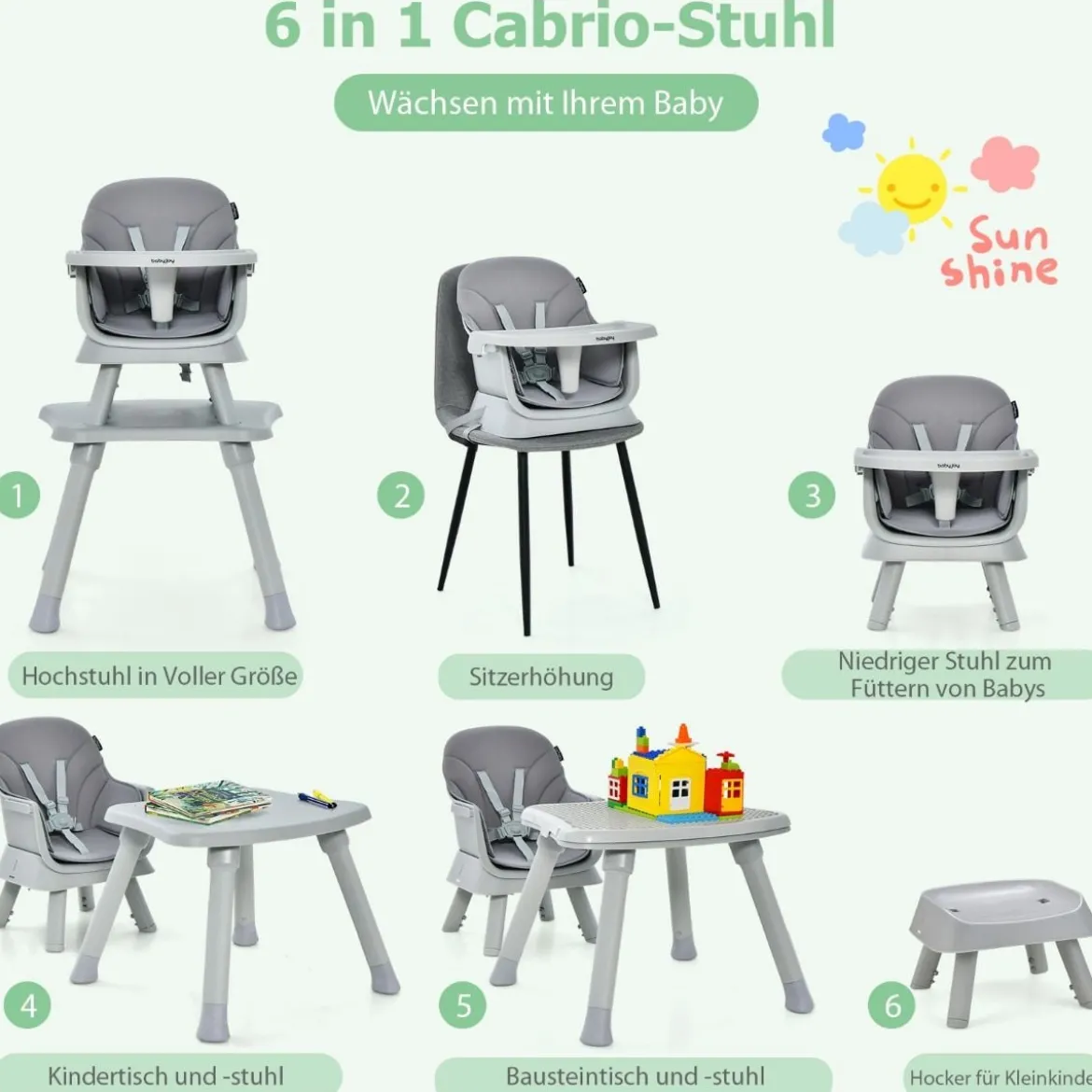 6-in-1 Babyhochstuhl Hochstuhl & Essstuhl & Lerntisch Babystuhl Kombihochstuhl