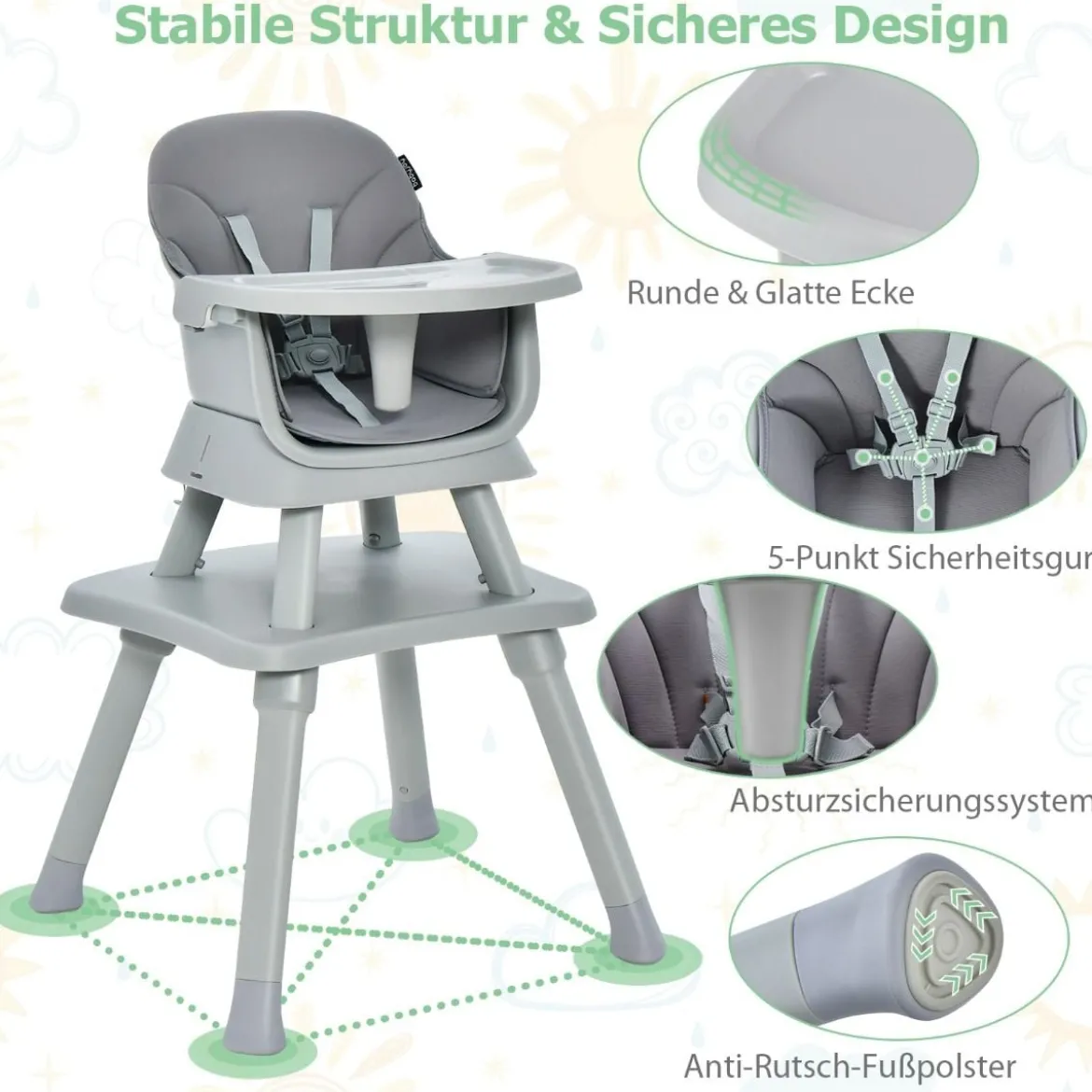 6-in-1 Babyhochstuhl Hochstuhl & Essstuhl & Lerntisch Babystuhl Kombihochstuhl