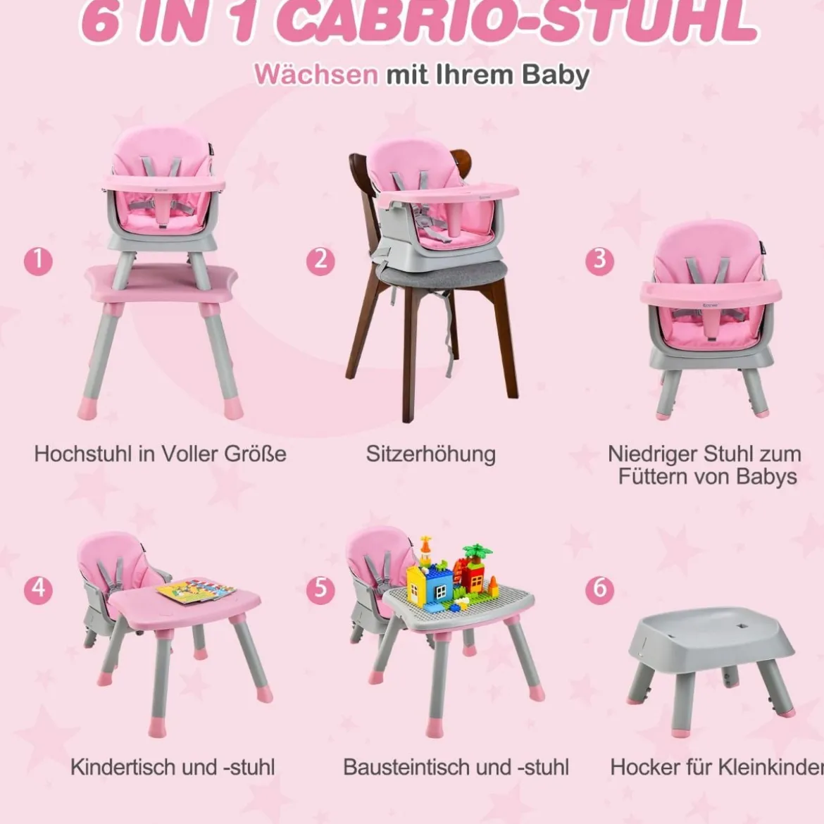 6-in-1 Babyhochstuhl Hochstuhl & Essstuhl & Lerntisch Babystuhl Kombihochstuhl