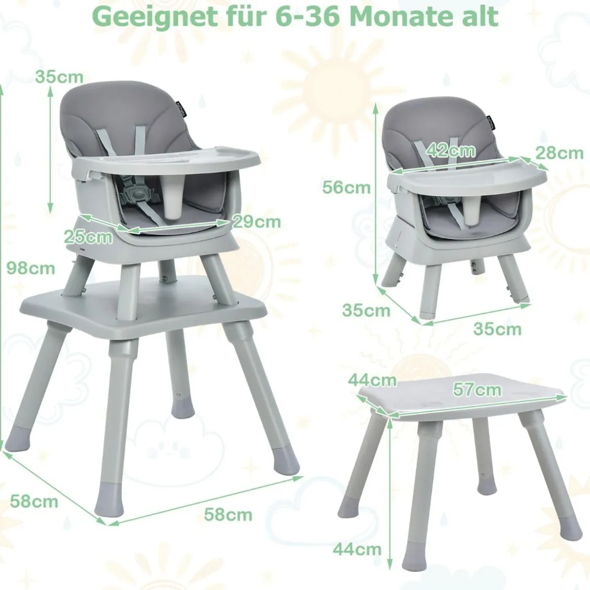 6-in-1 Babyhochstuhl Hochstuhl & Essstuhl & Lerntisch Babystuhl Kombihochstuhl