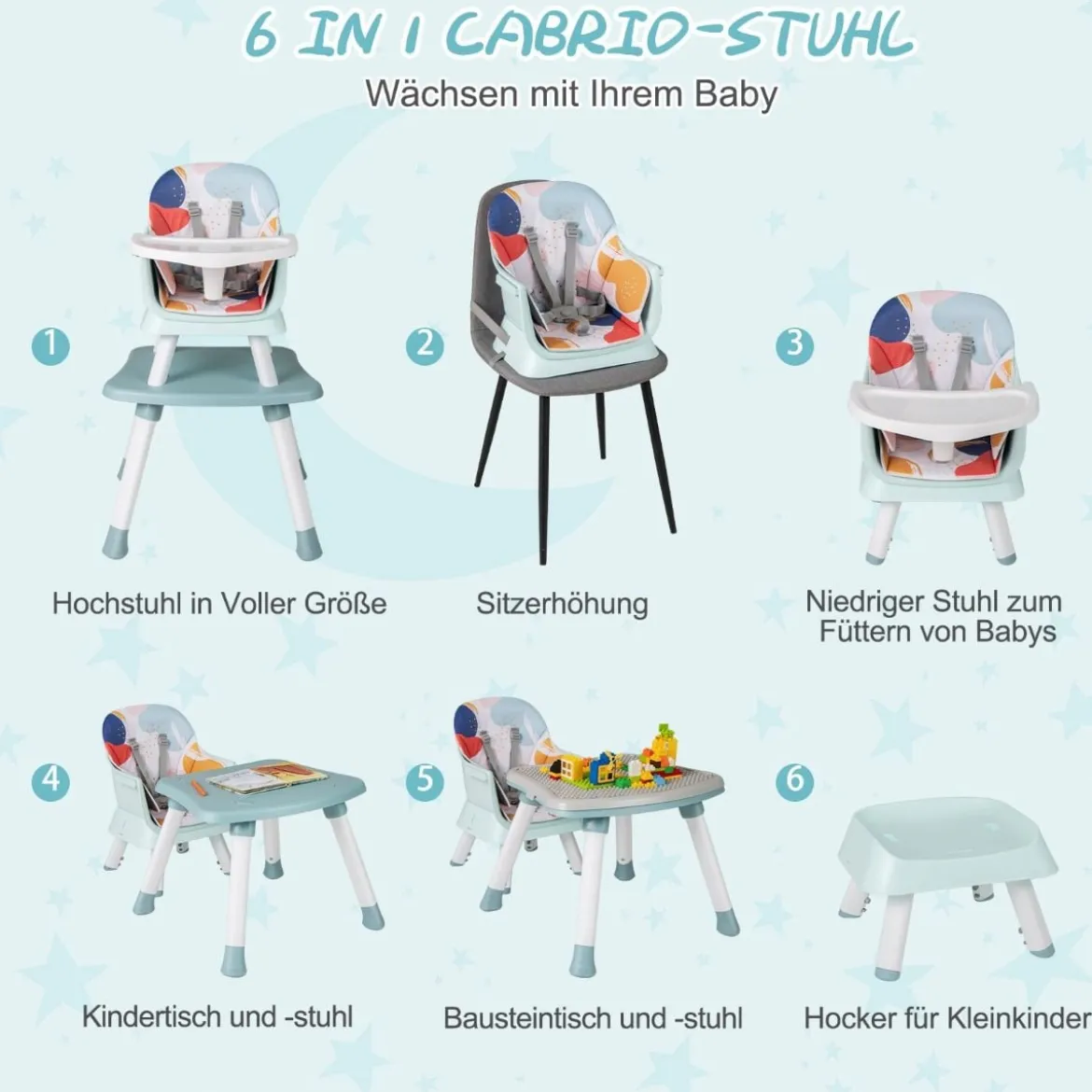 6-in-1 Babyhochstuhl Hochstuhl & Essstuhl & Lerntisch Babystuhl Kombihochstuhl