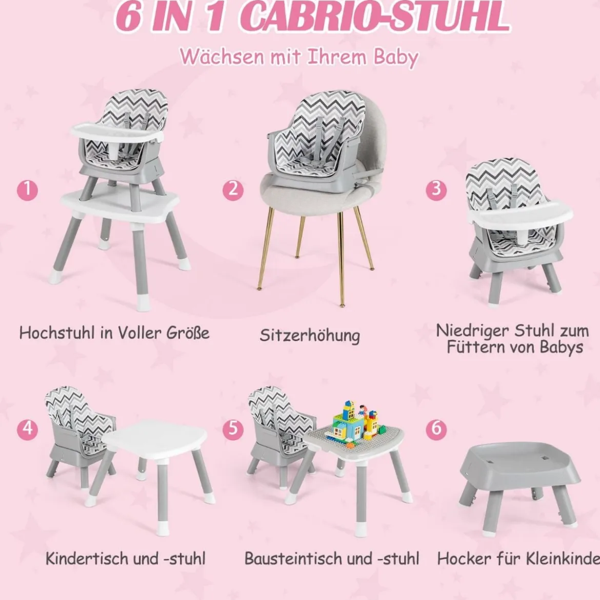 6-in-1 Babyhochstuhl Hochstuhl & Essstuhl & Lerntisch Babystuhl Kombihochstuhl