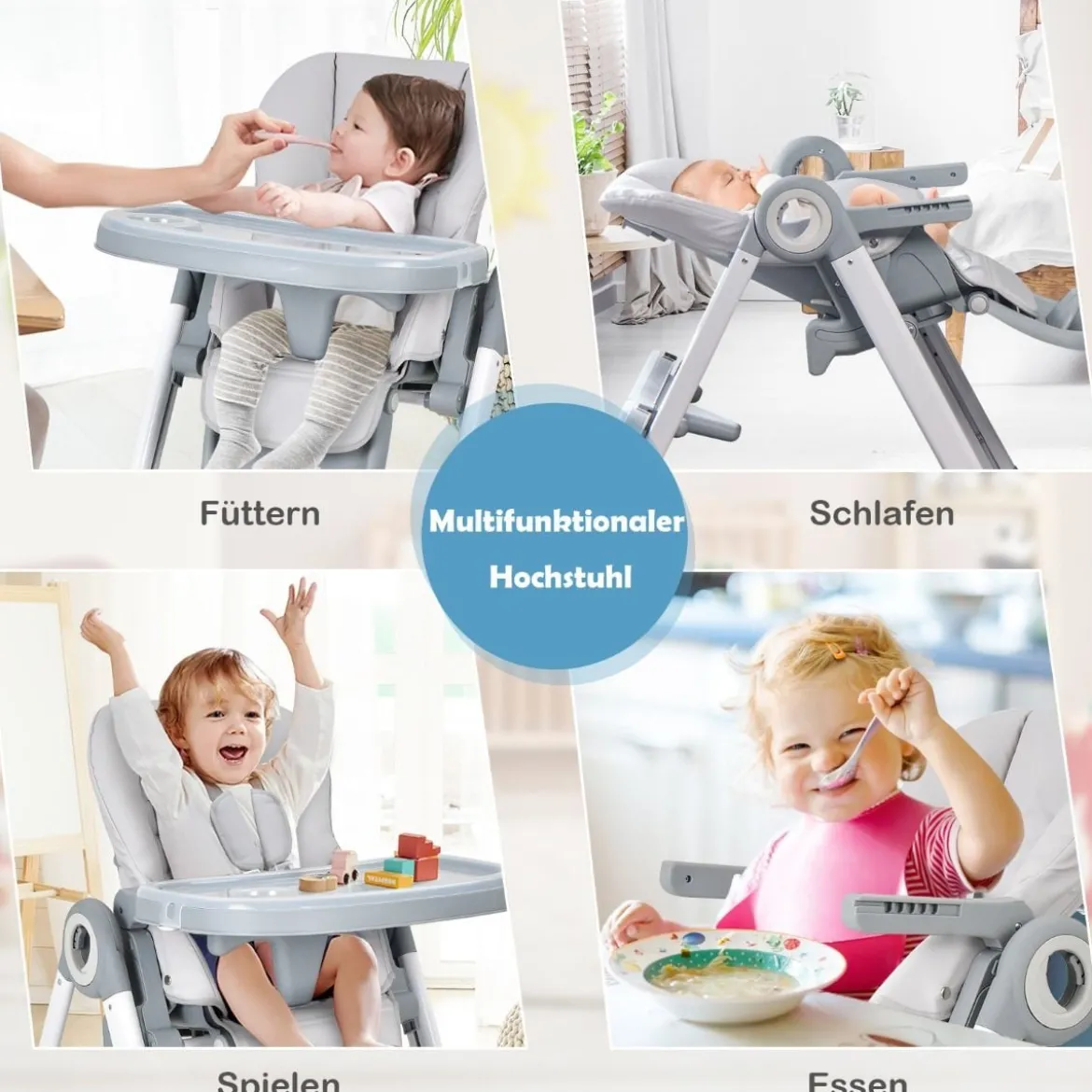 4 in 1 Baby Hochstuhl Kinderhochstuhl klappbar Babystuhl mit Liegefunktion 84 x 56 x 104 cm Grau