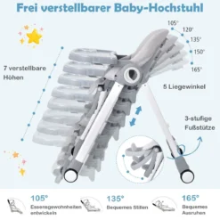 4 in 1 Baby Hochstuhl Kinderhochstuhl klappbar Babystuhl mit Liegefunktion 84 x 56 x 104 cm Grau