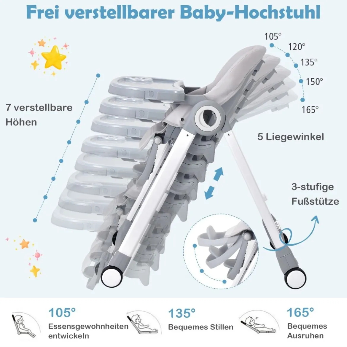 4 in 1 Baby Hochstuhl Kinderhochstuhl klappbar Babystuhl mit Liegefunktion 84 x 56 x 104 cm Grau