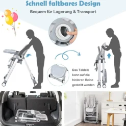 4 in 1 Baby Hochstuhl Kinderhochstuhl klappbar Babystuhl mit Liegefunktion 84 x 56 x 104 cm Grau